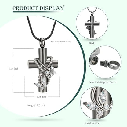 Butterfly Cross Cremation Jewelry Urn Necklaces Stainless Steel Cross Urn Necklaces for Ashes Memorial Keepsake Pendant for Women Gifts With Funnel Kit & Bag - color: Grey+White