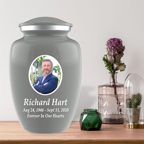 Personalized Photo Cremation Urns for Adult Ashes Male Female - 200lbs Custom Photo Burial Urns for Human Ashes - Engraved Handcrafted Funeral Decorative Urns for Adult with Velvet Bag, Grey