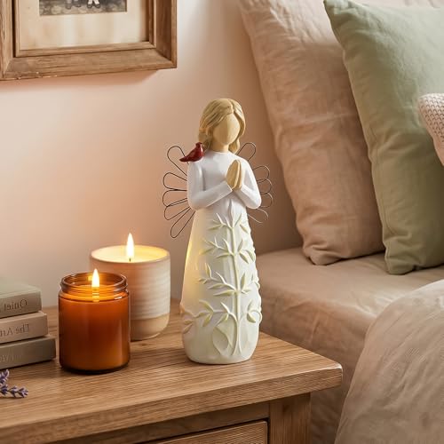Emibele Praying Angel Cardinal Figurine Sympathy Gift for Loss of Loved One | Hand-Painted Resin Sculpted Figure with Red Cardinal & Tree of Life, Sympathy Angel Figurines Statues Decor, Memorial Gift - style: Praying Angel