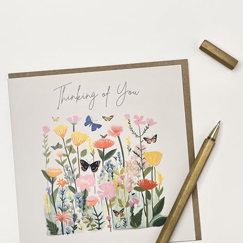 Old English Co. Cute Thinking of You Card - Floral Meadow with Butterflies Painting - Sympathy, Condolences, Bereavement Card for Friends and Family | Blank Inside with Envelope