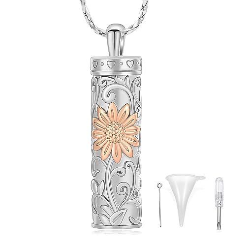 Sunflower Urn Necklace for Ashes Cylinder Bar Necklace for Ashes for Women Pendant Keepsake for Ashes Memory Cremation Jewelry Sunflower Celtic Necklace Jewelry for Women - color: Silver-rose