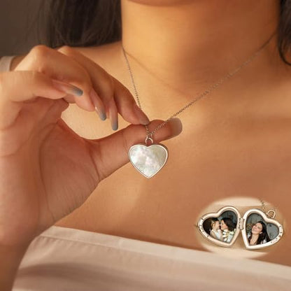 Anavia Personalized Photo Locket Necklace, Mother of Pearl Shell Handmade Custom Engraved Gold Plated Stainless Steel Pendant Necklace Jewelry Gift for Her Women Mother - color: Silver, size: Heart