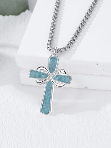 Turquoise Cross Urn Necklaces for Human Ashes 925 Sterling Silver Urn Necklaces Cremation Keepsake Memorial Pendant Necklace for Ashes for Loved One Human Pet - style: Infinity-Text&photo