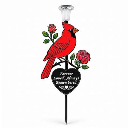 Solar Cardinal Memorial Garden Stake with 'Always Loved, Never Forgotten' Sentiment, Red Bird and Rose Design (Heart Shaped)