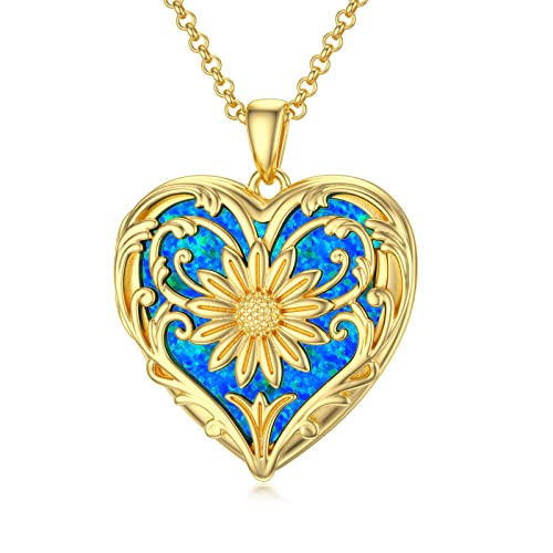 SOULMEET 10K 14K 18K Solid Gold Personalized Sunflower/Starburst/Cross/Rose/Lotus/Butterfly/Turtle/Celtic/Bee Heart Locket Necklace That Holds Picture Gift Choice - style: A2-Blue opal gold locket only