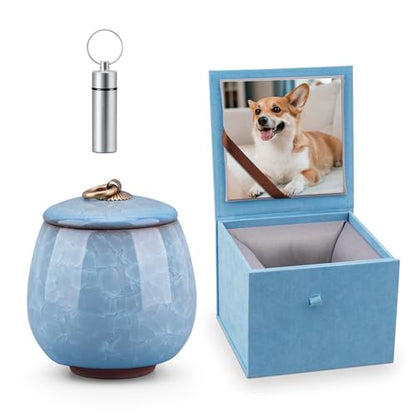 Mini Pet Urn, Small Pet Memorial Urn Handmade Ceramic Pet Urn Suitable for Home or Office Urn with Delicate Box - Blue (Blue)