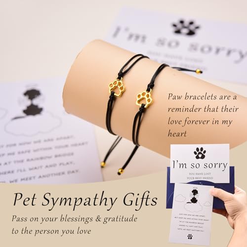 Pet Memorial Gifts for Loss of Dog, Gold Paw Print Bracelets (2 Pack) for Beloved Cat, Loss of Dog Sympathy Gift, Thoughtful Dogs Remembrance, Bereavement Gifts