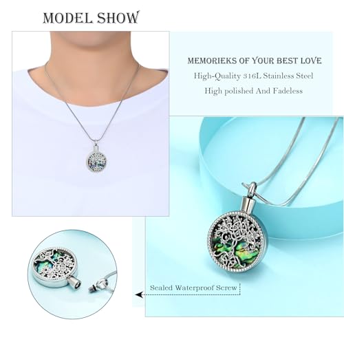 Hearbeingt Teardrop Urn Necklaces for Ashes Tree of Life Memorial Locket - color: Abalone Shell-Customize