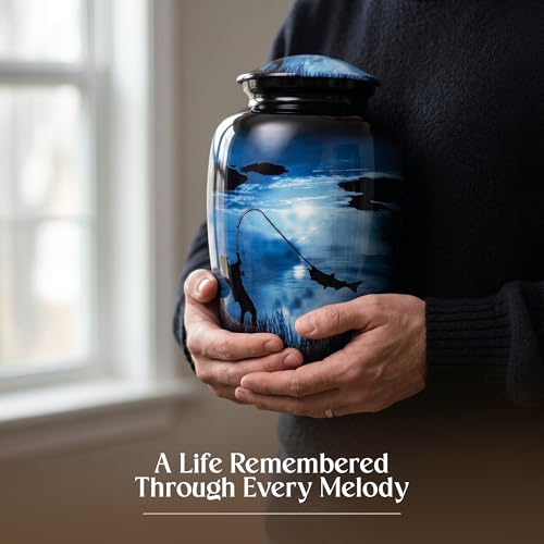 Large Gone Fishing Urn for Human Ashes Adult Male Female - 200 Cubic Inches Decorative Cremation Urn for Dad, Men - Full Size Blue Burial Urn with Velvet Bag and Easy-Fill Funnel - size: Large
