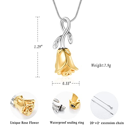 Rose Flower Cremation Urn Necklace for Ashes Stainless Steel Memorial Cremation Ash Jewelry Keepsake Pendant Necklace for Women Girl - color: Gold