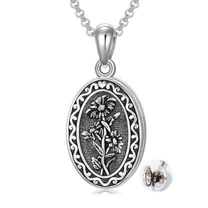 Birth Flower Photo Locket Necklace 925 Sterling Silver 12 Month Locket Necklace with Picture Birth Flower Photo Jewelry Gifts for Women Mother Mom Daughter - color: 04-April-daisy, style: 1.no custom