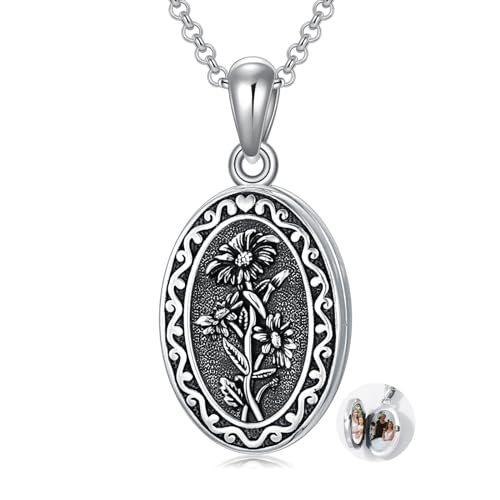 Birth Flower Photo Locket Necklace 925 Sterling Silver 12 Month Locket Necklace with Picture Birth Flower Photo Jewelry Gifts for Women Mother Mom Daughter - color: 04-April-daisy, style: 1.no custom