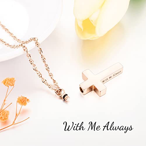 Cremation Cross Necklace for Ashes Stainless Steel Cross Urn Pendant Ashes Holder Memorial Jewelry-With Me Always - style: With me always-Rose Gold