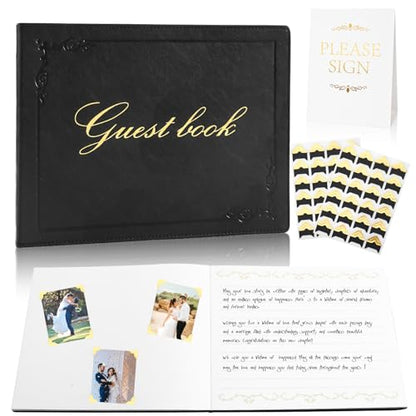 8x10 Inch Wedding Guest Book - 120 Blank & Lined Pages, Gold Foil PU Leather Hardbound Cover, Durable Sewn Binding, Black - color: Black