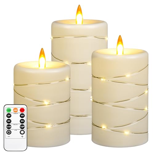Upinmz Flickering Flameless Candles with String Lights, Battery Operated Candle, LED Pillar Fake Candle with Remote Control and Timer -3 Pack Ivory White - size: Ivory-Acrylic-3 Pack