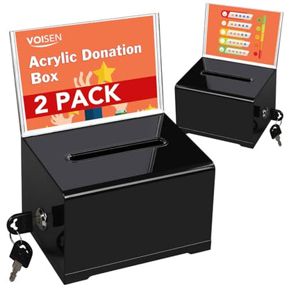 Acrylic Donation Box with Lock, Black Ballot Box with Sign Holder, 2 Pack Suggestion Boxes for Fundraising, Donation, Bar, School Voting, 6.2x4.6x3.9 Inch | Suggestion Box for Fundraising, Ballot Box with Slot for School, Donation, Bar, School Voting, 6.2