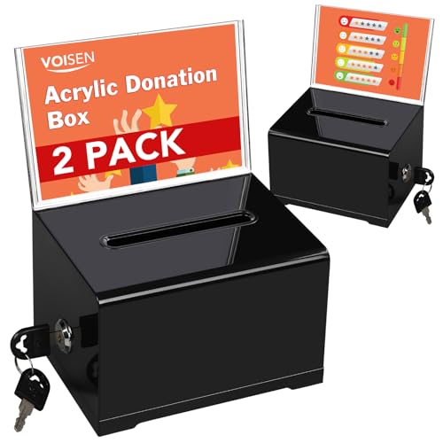 Acrylic Donation Box with Lock, Black Ballot Box with Sign Holder, 2 Pack Suggestion Boxes for Fundraising, Donation, Bar, School Voting, 6.2x4.6x3.9 Inch | Suggestion Box for Fundraising, Ballot Box with Slot for School, Donation, Bar, School Voting, 6.2