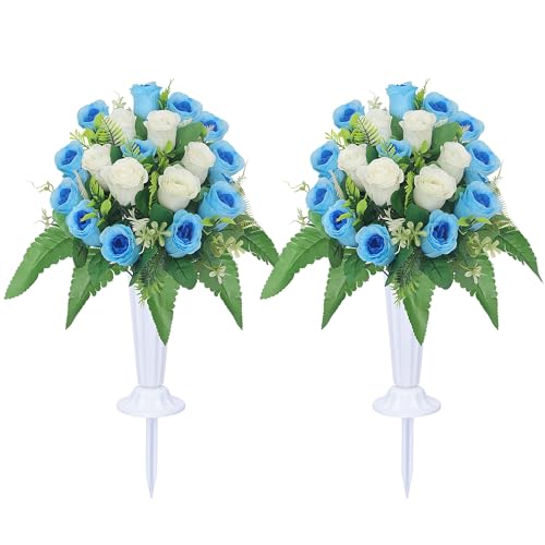 Cemetery Flowers for Grave Memorial Grave Flowers with Vases for Cemetery Grave Decoration 2sets - color: Blue