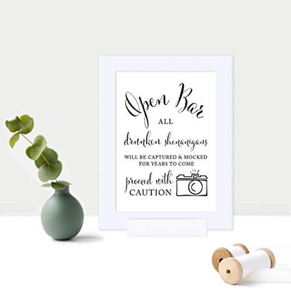 Andaz Press Wedding Framed Party Signs, Formal Black and White, 5x7-inch, Open Bar All Drunken Shenanigans Will be Captured and Mocked For Years to Come Proceed with Caution, 1-Pack, Includes Frame - color: Alcohol Shenanigans