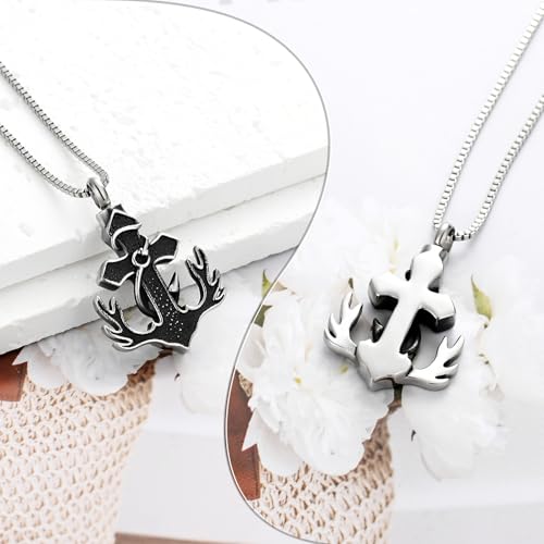 XSMZB Deer Antler Anchor Urn Necklace for Ashes Human Pet Fish Hook Cross Funeral Cremation Jewelry Keepsake Ash Pendant Memorial Necklaces - color: Silver-Black