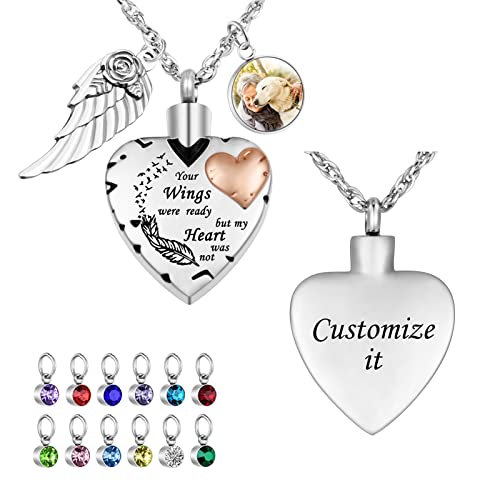 Dletay Heart Cremation Necklace for Ashes Cremation Jewelry with 12 Birthstones Urn Necklace for Ashes-Your Wings were Ready but My Heart was Not - style: Heart-engraving