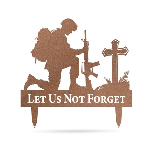 RealSteel Let Us Not Forget Fallen Soldier Kneeling at Cross Metal Garden Stake - Memorial Day Military Yard Sign - Handmade in Texas - American Steel - Powder Coated (RUST-24) - color: Rust