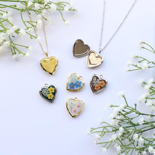 Handmade Heart Shaped Dried Pressed Forget Me Not Flower Photo Locket Pendant Necklace - color: Silver, style: ORANGE+BROWN