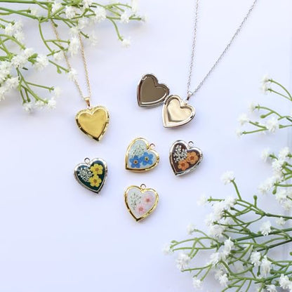 Handmade Heart Shaped Dried Pressed Forget Me Not Flower Photo Locket Pendant Necklace - color: Silver, style: YELLOW+DG