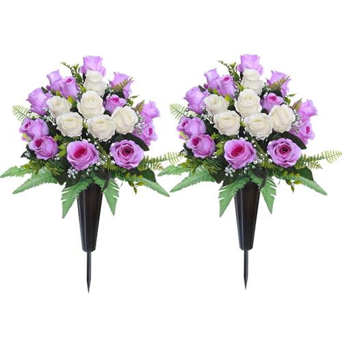 2 Sets Artificial Cemetery Flowers for Grave,Realistic Grave Flowers for Cemetery,Silk Rose with Vase for Headstone Tombstone Decoration Easy fit (Purple White) - color: Purple White