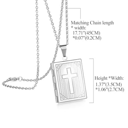 Bible Locket Cross Photo Necklace That Holds Pictures for Men Women | Stainless Steel Openable Keepsake Personalized Faith Gifts for Birthday Anniversary Christmas Memorial Day, 17.7 Inch Chain - color: Silver-Bible Cross