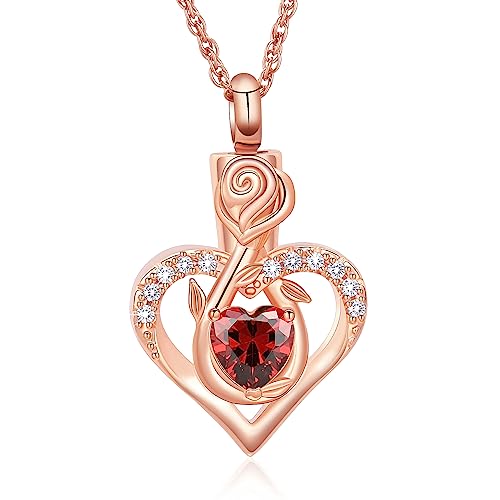 Roseflower Cremation Jewelry Heart Urn Necklace for Ashes for Women Gilrs Memorial Keepsake Birthstone Pendant Necklaces for Ashes of Loved Ones - color: Rose-red