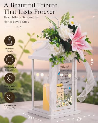 Memorial Lantern with Flower, Sympathy Gift for Loss of Son, Funeral Bereavement Gift in Memory of Son - color: Son/White