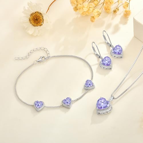 925 Sterling Silver Halo Heart Necklace for Women | Lwsary Love Heart Necklace, Heart Cut Birthstone Jewelry for Her - color: Lavender