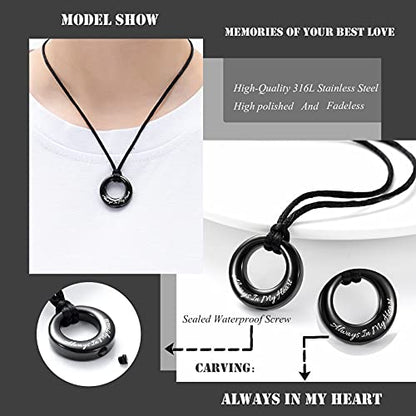 Hearbeingt Cremation Jewelry Urn Necklace for Ashes for Women Men, Circle of Life Eternity Memorial Pendant Ash Jewelry - color: Black-Always in My Heart