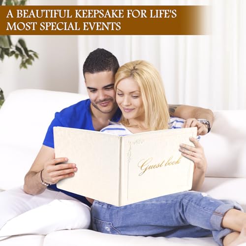 8x10 Inch Wedding Guest Book - 120 Blank & Lined Pages, Gold Foil PU Leather Hardbound Cover, Durable Sewn Binding (White Blank) - color: White Blank