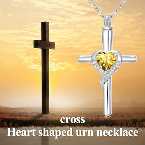 TOUPOP Cross Urn Necklaces for Ashes Birthstone Cremation Jewelry 925 Sterling Silver Cross Memorial Keepsake Funeral Jewelry for Women (with Funnel Filler) - color: 11-November-Citrine