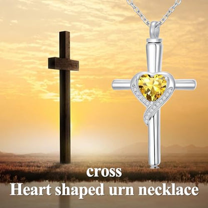TOUPOP Cross Urn Necklaces for Ashes Birthstone Cremation Jewelry 925 Sterling Silver Cross Memorial Keepsake Funeral Jewelry for Women (with Funnel Filler) - color: 11-November-Citrine