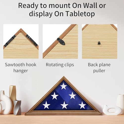 ASmileIndeep Flag Display Case - 5' x 9.5' Veteran Burial Flag Solid Wood Shadow Box with HD Tempered Glass & Wall Mount, Folded Triangle Flag Frame for Funeral, Light Oak - size: For 5' x 9.5' Flag-Oak