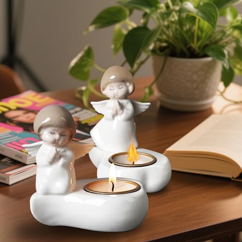 Tealight Candle Holder, Ceramic Angel Candle Holder for Table Display, Decorative Candle Sticks Holder, Tea Light Holder Gift for Party, Thanksgiving & Housewarming (Candle not Included)