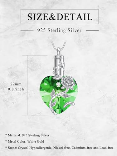 OCJ Heart Rose Flower Urn Necklace for Ashes Women Birthstone Cremation Necklaces Sterling Silver Memorial Cremation Jewelry Gifts - color: 05-May-Emerald