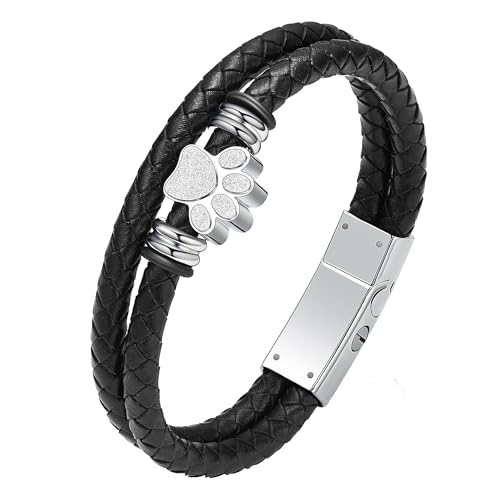 Paw Print Urn Bracelet for Ashes for Women Men Leather Wristband Bangle | stainless steel & leather, 4 sizes for men & women, leak-proof urn design, holds ashes & keepsakes, memorial gift - color: Silver-24cm