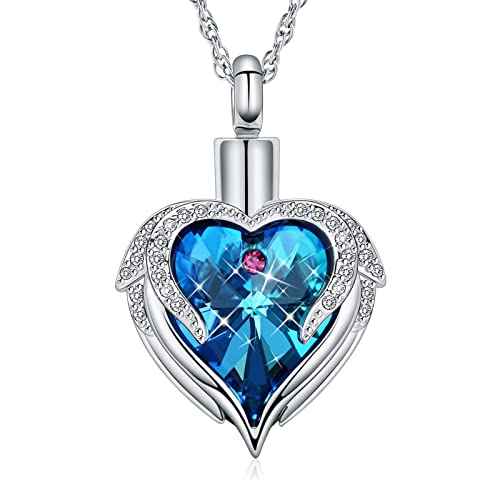 shajwo Angel Wing Heart Urn Necklace for Ashes - color: Silver-Blue