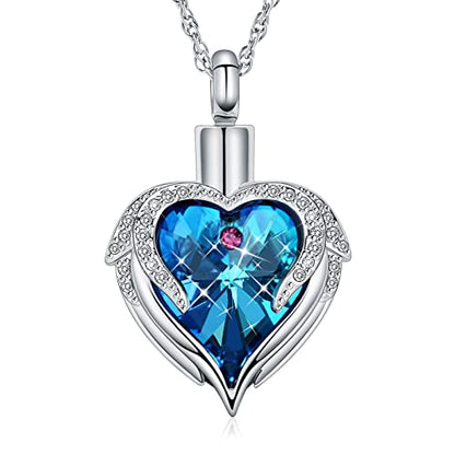 shajwo Angel Wing Heart Urn Necklace for Ashes - color: Silver-Blue