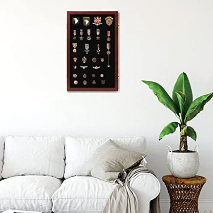 VERANI Pin Display Case Badge Display Frame Oversized Mahogany | Flexible layout arrangement,Premium real clear glass door,Solid wood matte black frame,Wall mountable design - size: 16x25 - Mahogany