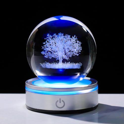 Arikyrist Crystal 3D Tree of Life Figurine 3.15in Ball Gifts for Women Men | Tree Light, Glass Plant Art Sphere, with LED Light Base, Collectible Keepsake, for Tree Lovers, Room Home Decor, Paperweight - color: Tree of Life