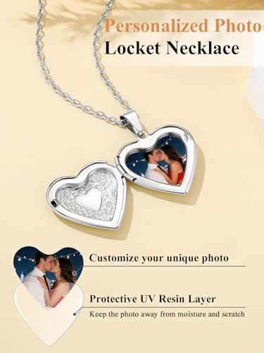 Custom4U Personalized Heart Locket Necklace with Pictures,Sunflower/Angel Wings/Heart Shaped Lockets Custom Photo,Gold/Rose Gold/White Lockets That Holds Picture,Customized Memorial Jewelry for Women - color: B-Heart-Steel(Locket + Photo + Engraving)