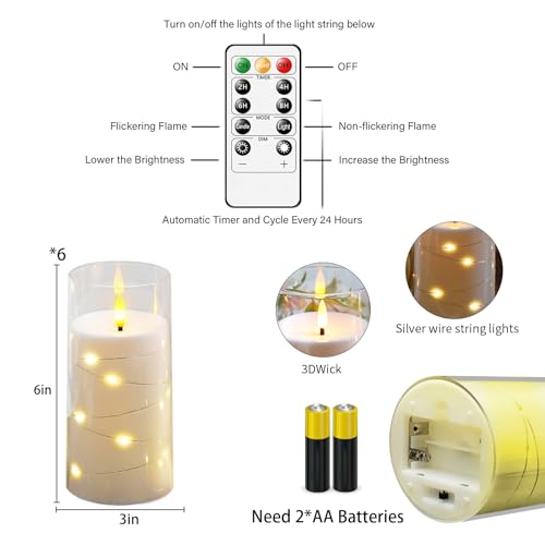 Amber Flickering Flameless Candles with Remote Timer, 6 pcs LED Battery Operated Candles with String Lights, Same Size D3 H6 - color: Amber