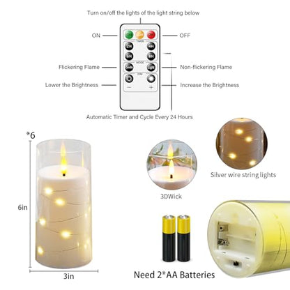 Amber Flickering Flameless Candles with Remote Timer, 6 pcs LED Battery Operated Candles with String Lights, Same Size D3 H6 - color: Amber