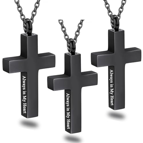 Cross Urn Necklace for Ashes for Men Women Cremation Jewelry Urns Locket Pendant Ashes Holder Memorial Jewelry-Always in My Heart - color: Always in My Heart,3pcs Black