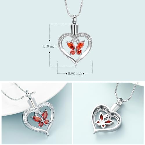 Imrsanl Butterfly Heart Pendant Cremation Urn Necklace for Women - color: Silver-Red
